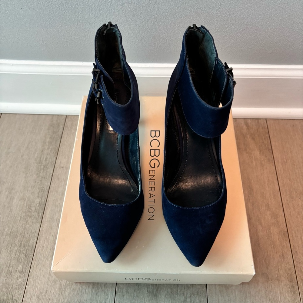 BCBGeneration Blue Suede Pointed-Toe Ankle Strap Pumps